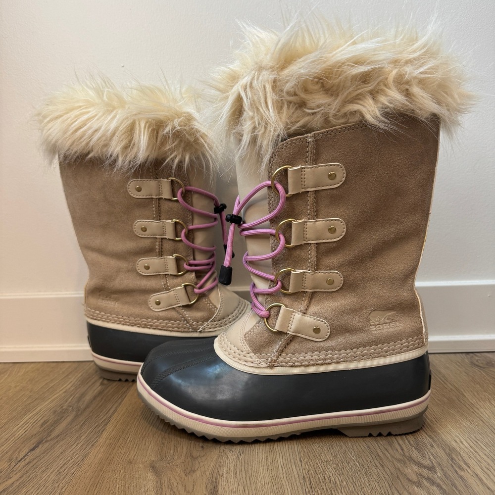 Sorel Joan of Arctic Waterproof Snow Boots Khaki Pink Faux Fur Trim Size 7 EUC